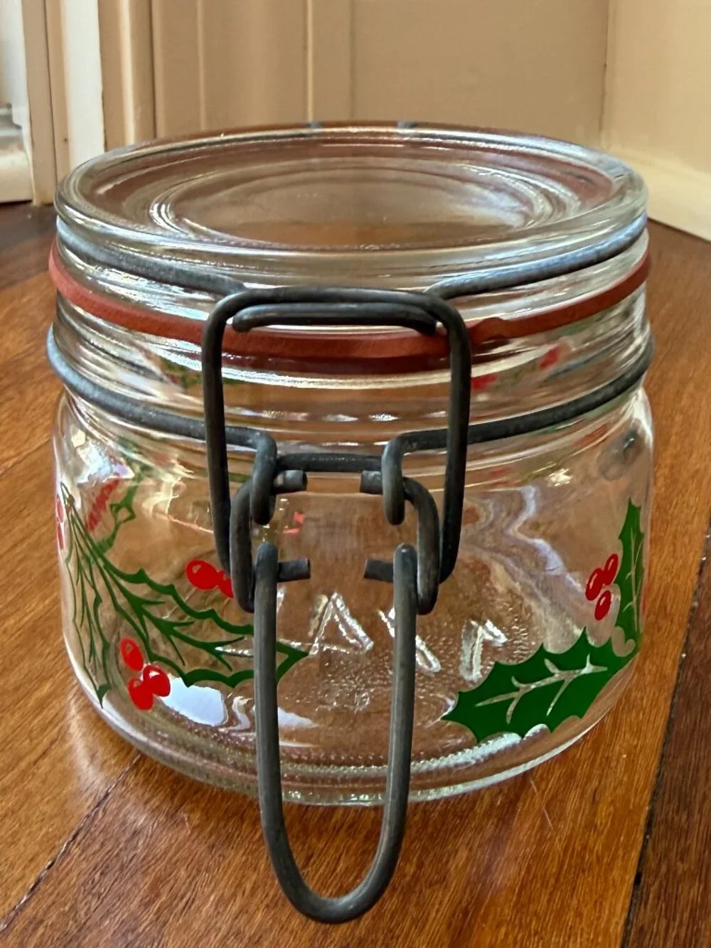 Vintage Glass Hinged Holly / Berries Christmas 1/4 liter Glass Jar